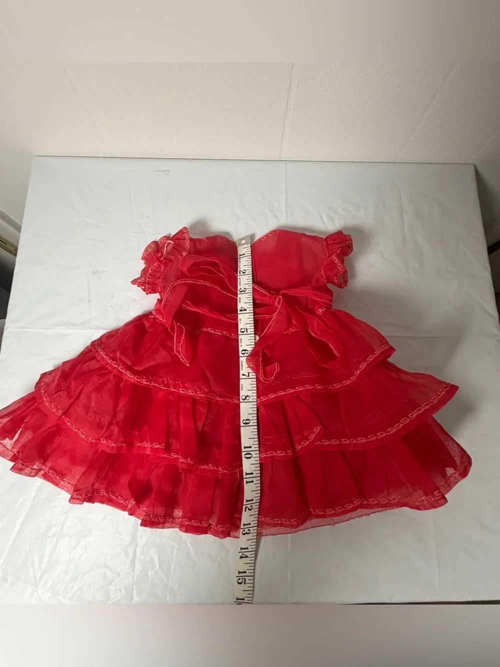 Vintage Handmade Baby Girls Red Tiered Ruffle Dress Tulle White Stitching  There